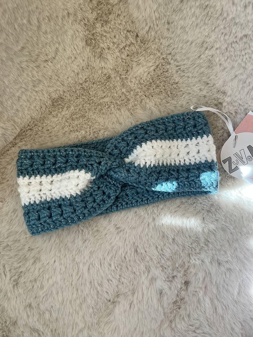 Ručne háčkovaná čelenka (Čelenka bielo-modrá - 60ceam)