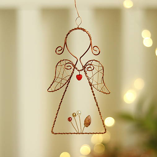 Dekorácie - anjel medený s červeným srdiečkom - 17903382_