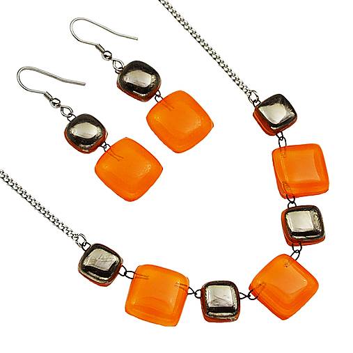 Sady šperkov - Luxusný oranžový set šperkov z ručne vyrobeného českého skla, platinou pokovované segmenty, 7+2 - 17904798_