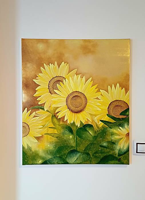 Obrazy - Obraz Slnečnice na zlatom plátne- olejomaľba - 17903782_
