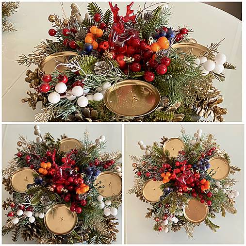 Adventný veniec L 38cm na stôl na drevenom podstavci pre 4 sviečky