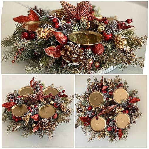 Adventný veniec 35cm na stôl na drevenom podstavci pre 4 sviečky 