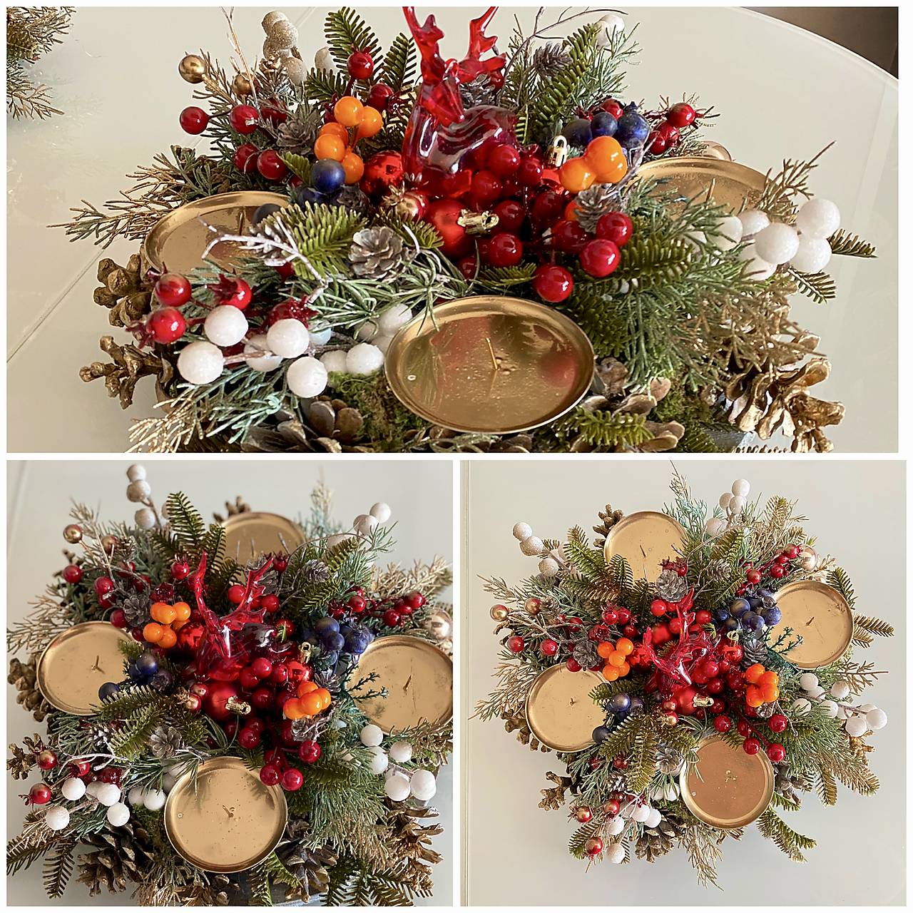 Adventný veniec L 38cm na stôl na drevenom podstavci pre 4 sviečky