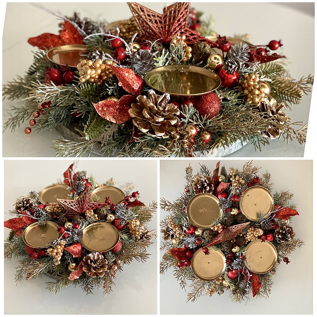 Adventný veniec 35cm na stôl na drevenom podstavci pre 4 sviečky 