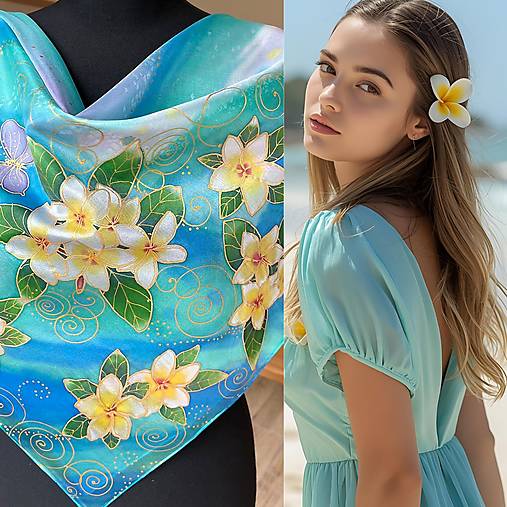 Šatky - Hodvábne plumérie na tyrkysovom pozadí + darčekové balenie … - 17911219_