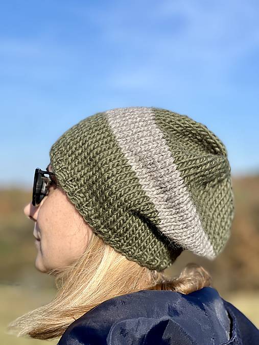 Čiapky, čelenky, klobúky - Khaki prúžkovaná čiapka Virgin wool - 17916062_