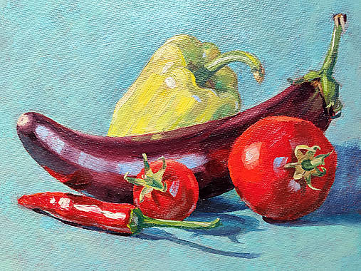 Obrazy - Baklažán, papriky a paradajky - Originálny ručne maľovaný obraz na plátne - 17917584_