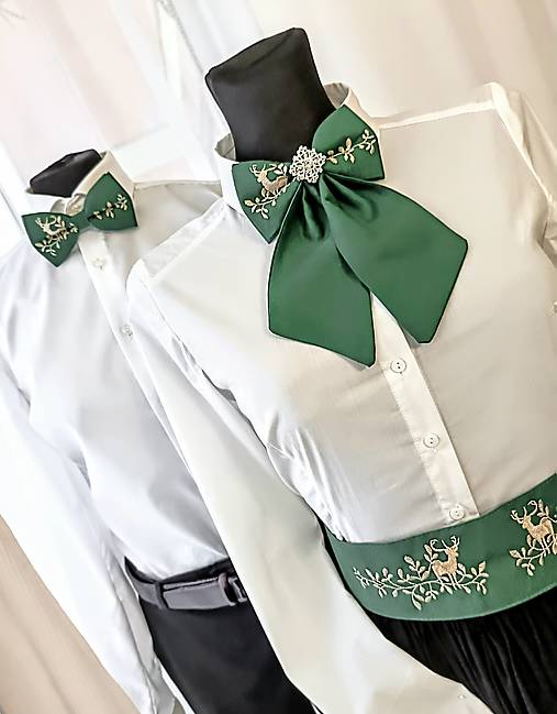 Pánske doplnky - Poľovníky set - zelený pánsky poľovnícky motýlik, dámsky a opasok - 17918047_