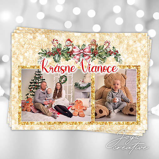 Obojstranná vianočná pohľadnica s fotografiou (zlatá s girlandou (min.8ks))
