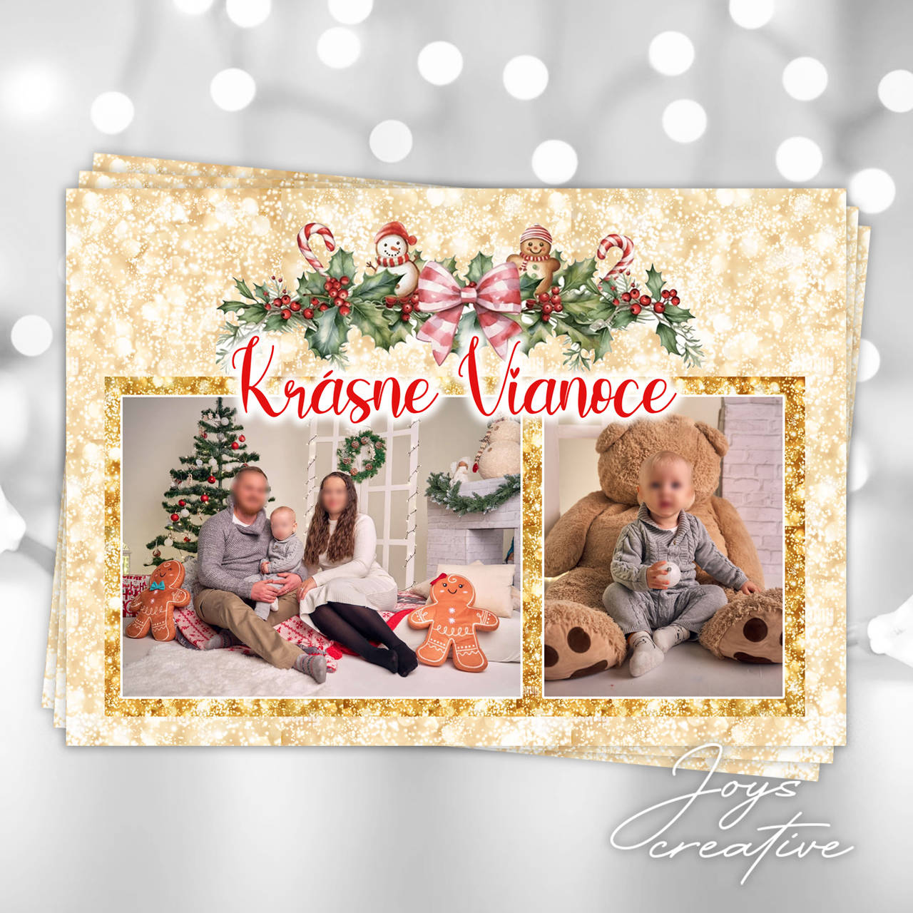 Obojstranná vianočná pohľadnica s fotografiou (zlatá s girlandou (min.8ks))