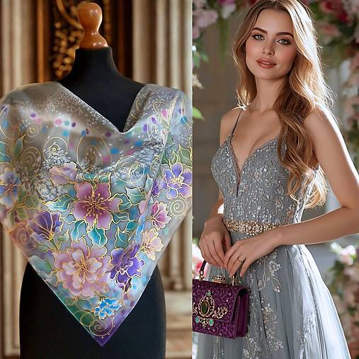 Šatky - Farebné kvety na šedej+grátis darčekové balenie… - 17914271_