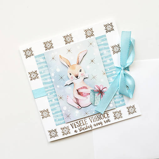 Papiernictvo - VIANOČNÁ POHĽADNICA - "Zajačik s vianočným darčekom" - Pozdrav - 17918319_