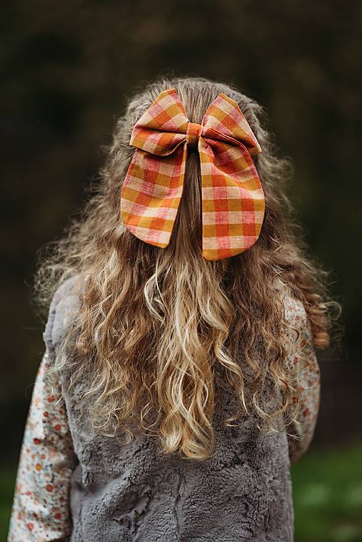 Ozdoby do vlasov - Károvaná ľanová mašľa Donna (Žtooranžová mašľa) - 17919897_