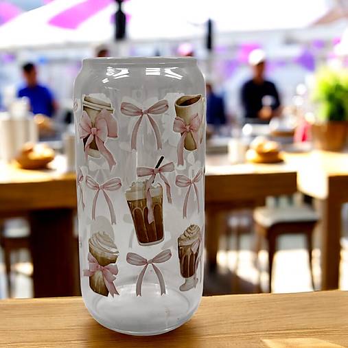 Nádoby - Sklenený pohár can- Coffee & Bows - 17922052_