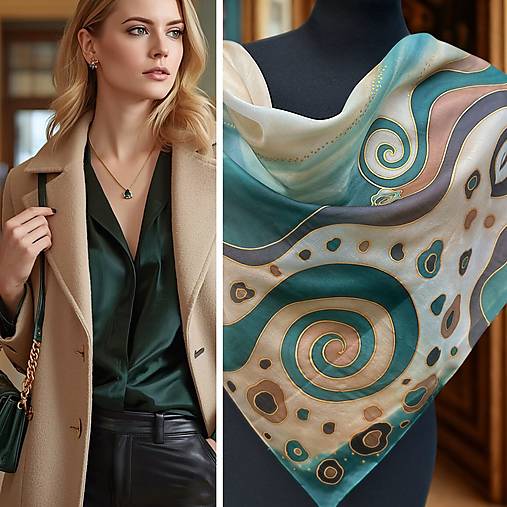 Šatky - Zelené špirálky Hodvábna šatka + darčekové balenie... - 17921268_