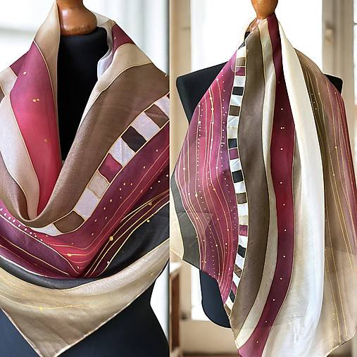 Šatky - Vínová obojstranná hodvábna + darčekové balenie… - 17922273_