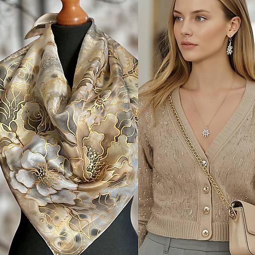 Šatky - Kvetinová hodvábna v zeemitých odtieňoch…. - 17923030_