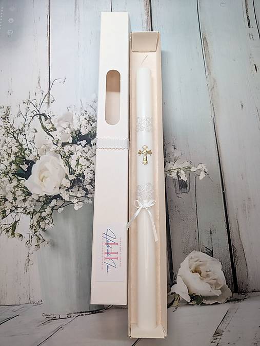 Sviečky - Sviečka zlatý krížik, na krst, na prvé sväté prijímanie s chránitkom - 17923530_