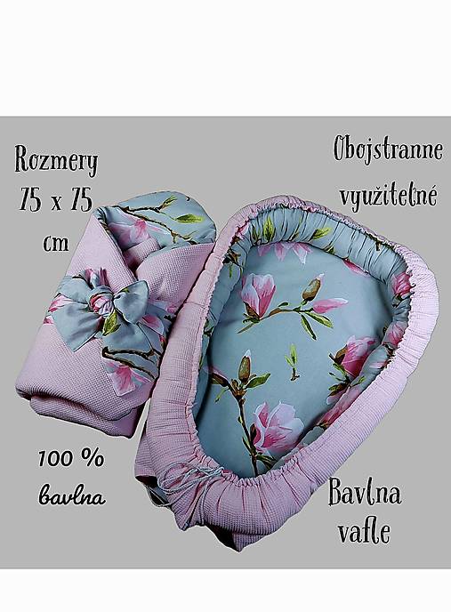 Detský textil - 💗 DOPREDAJ !!! Novorodenecká súprava – zavinovačka na mašľu + hniezdo (ružová magnólia & vaflová bavlna) - 17925794_