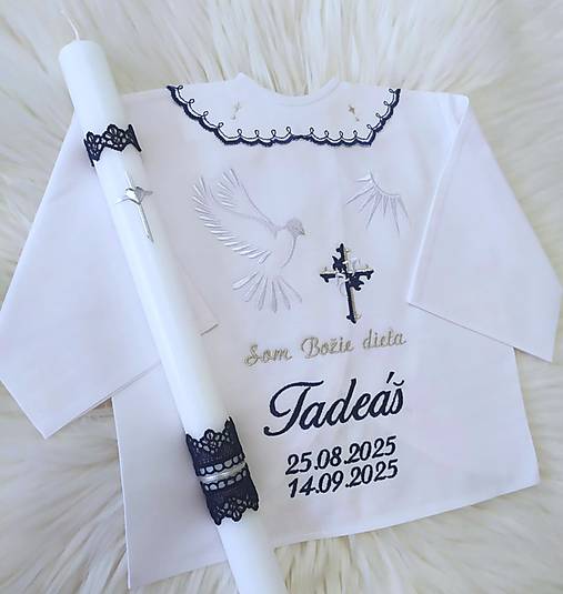 Detské oblečenie - vyšívaná-tmavá modrá,strieborná (košieľka + sviečka neperson.) - 17929005_