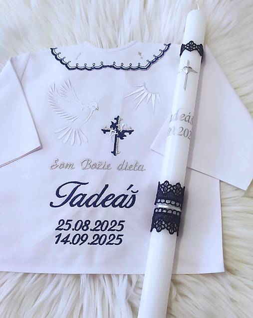 Detské oblečenie - vyšívaná-tmavá modrá,strieborná (košieľka + sviečka person.) - 17929020_