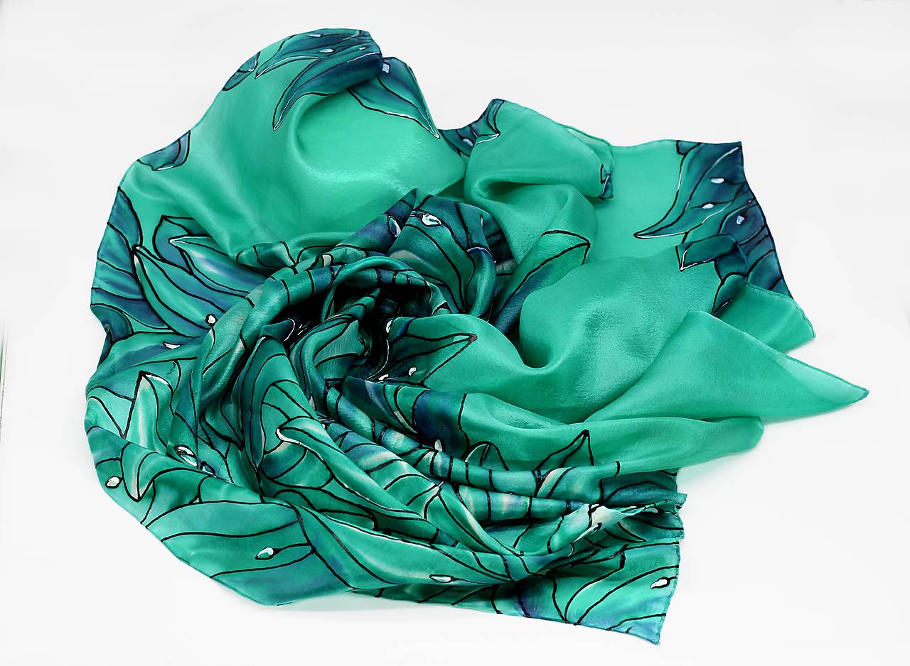 Ručne maľovaná hodvábna šatka - Smaragdové ľalie