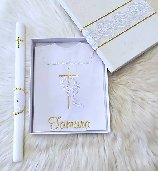 Detské oblečenie - košieľka vyšívaná + sviečka person.-biela,zlatá - 17932914_