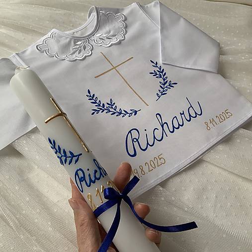 Krstná košieľka a svieca na krst ručne maľovaná ľudovoladená s halúzkami