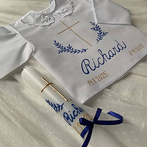 Krstná košieľka a svieca na krst ručne maľovaná ľudovoladená s halúzkami