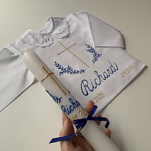 Krstná košieľka a svieca na krst ručne maľovaná ľudovoladená s halúzkami