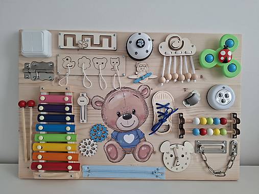 Hračky - Activity board Macko modrý so xylofonom 60x40cm - 17933653_