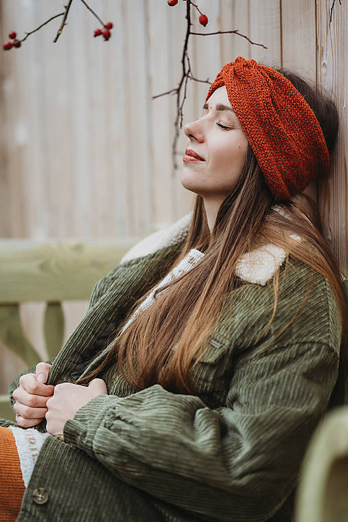 Čiapky, čelenky, klobúky - Pletená čelenka "Plody lesa" jarabina - 17937512_