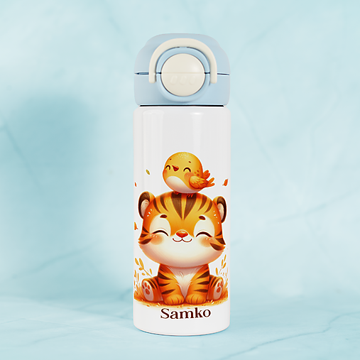Nádoby - TIGER nerezová termoska so slamkou (modrý vrchnák) s ľubovoľným menom pre deti - 17936251_