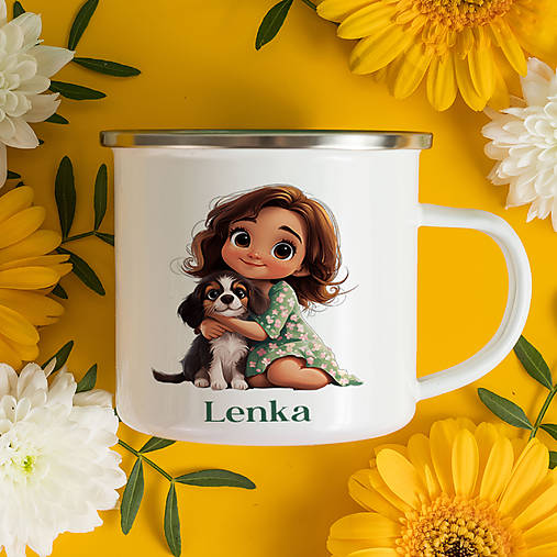 Nádoby - DIEVČA SO PSÍKOM smaltovaný hrnček s ľubovoľným menom - 17936261_