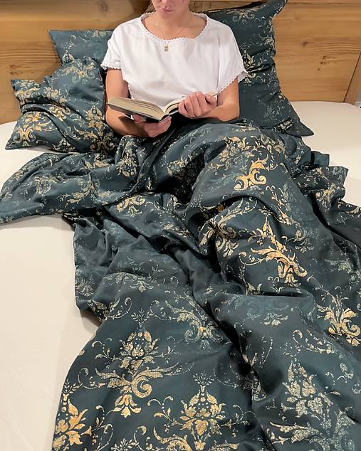 Úžitkový textil - Posteľné obliečky Glamour - zlatá na tmavozelenej - 17935221_