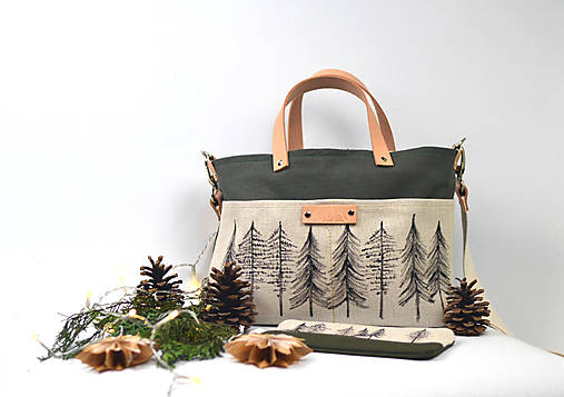 Kabelka malá (bavlna, ľan, koža) STROMY green