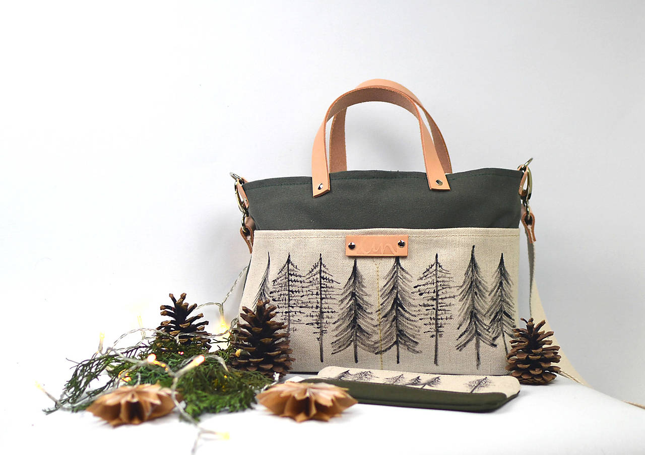 Kabelka malá (bavlna, ľan, koža) STROMY green