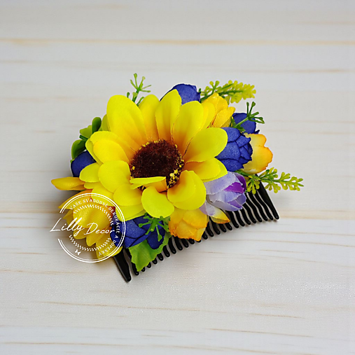 Ozdoby do vlasov - Kvetinkový hrebienok do účesu slnečnicovo-fialový - 17938848_