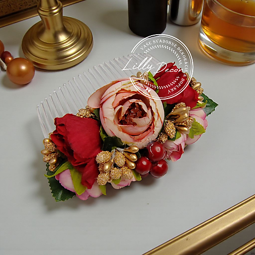 Ozdoby do vlasov - Kvetinový hrebienok do vlasov "bordó-ružový" - 17939163_