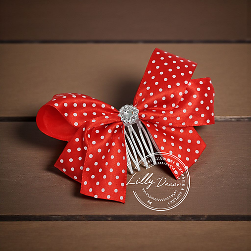 Ozdoby do vlasov - Saténový hrebienok do účesu červeno-biely bodkovaný - 17939543_