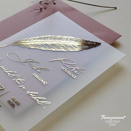 Transparentné zlaté svadobné oznámenie I32127