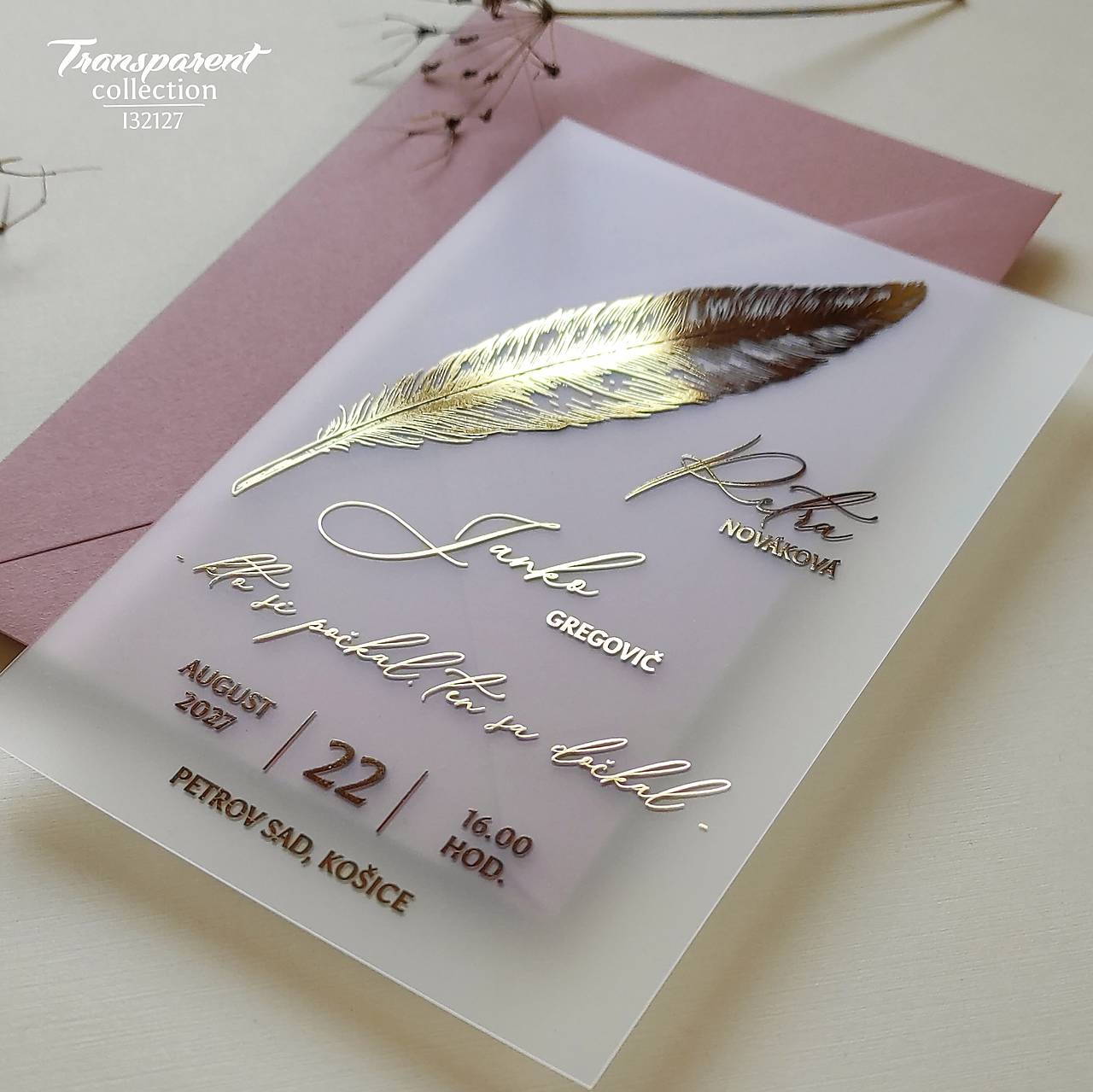 Transparentné zlaté svadobné oznámenie I32127