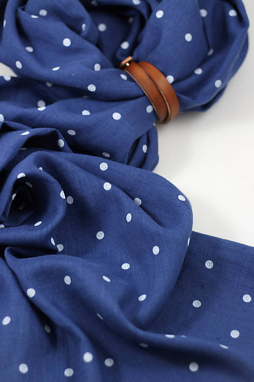 Veľká exkluzívna dámska modrá bodkovaná šatka 100% ľan