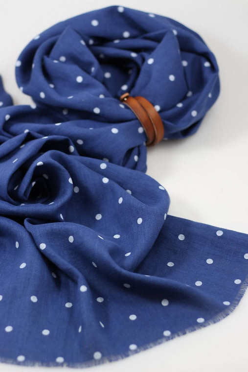 Veľká exkluzívna dámska modrá bodkovaná šatka 100% ľan