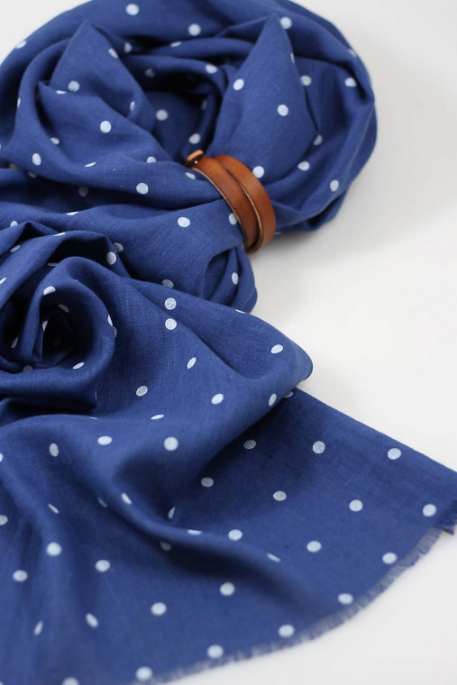 Veľká exkluzívna dámska modrá bodkovaná šatka 100% ľan