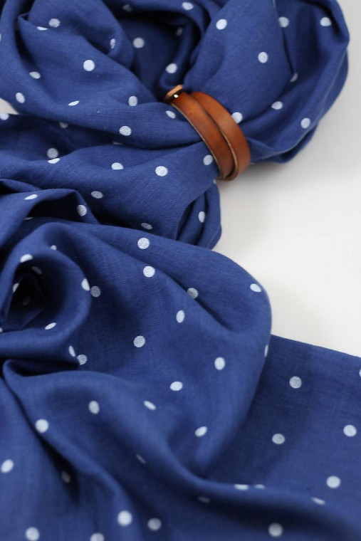 Veľká exkluzívna dámska modrá bodkovaná šatka 100% ľan