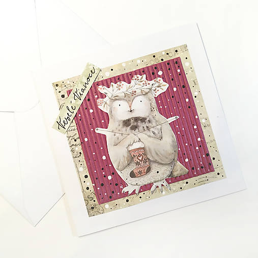 Papiernictvo - VIANOČNÁ POHĽADNICA - "Sovička pletie" - Pozdrav - 17945589_