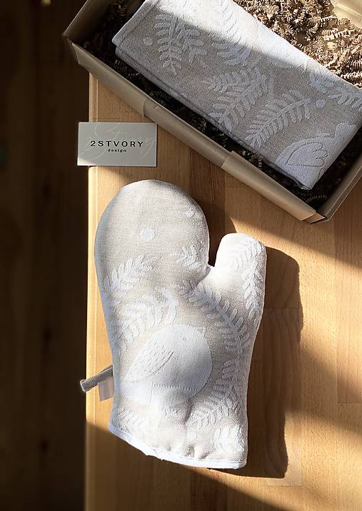 Úžitkový textil - Darčeková sada - rukavica a utierka Birds (prírodná režná) - 17942507_