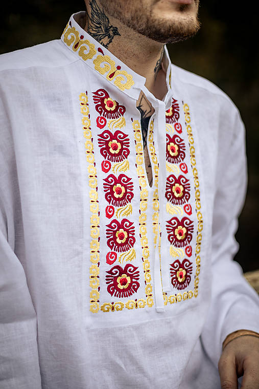 Pánske oblečenie - Ľudová vyšívaná ľanová pánska košeľa Adrián - 17943291_