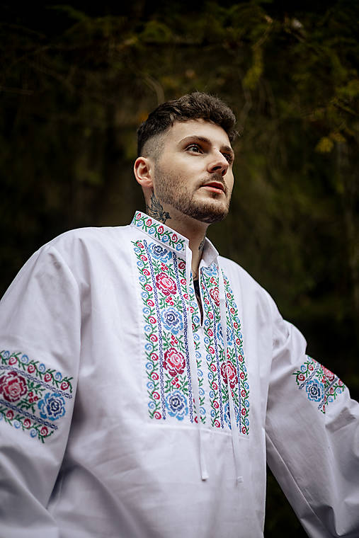 Pánske oblečenie - Ľudová bavlnená biela vyšívaná košeľa Gabriel - 17943346_